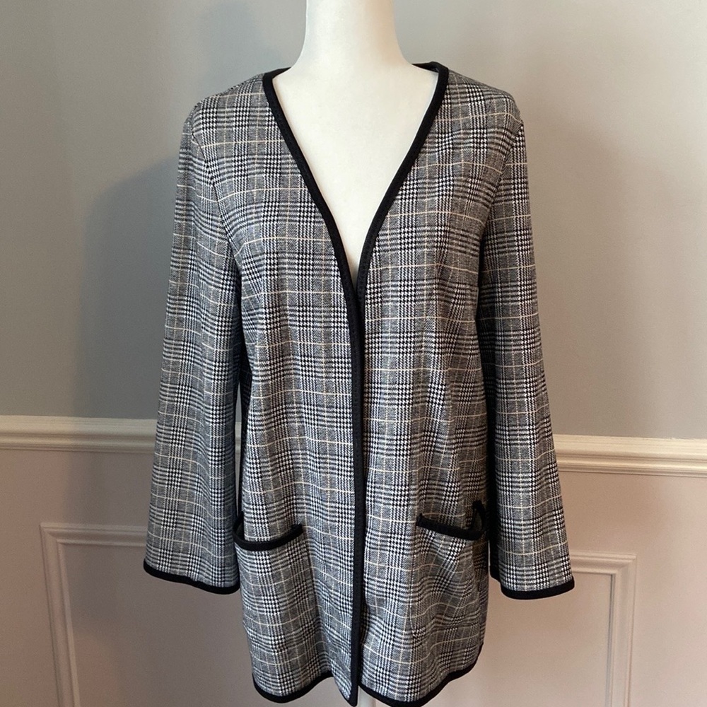 Max Studio Houndstooth Open Front Cardigan Two Front Pockets Black White Size L - Picture 2 of 12